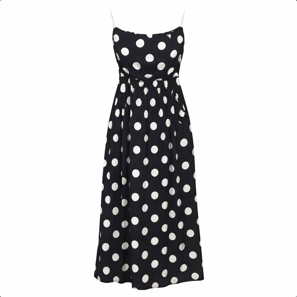 Plus Size 1X Navy Polka Dot Maxi Dress Pockets Strapless Resort Vacation